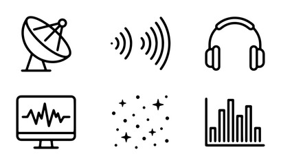 Fototapeta premium Communication Icons: Satellite Dish, Sound Waves, Headphones, Monitor, Stars, Audio Graph