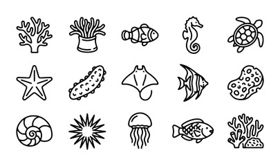 Ocean Life Icons: Sea Creatures, Coral, and Marine Animals Vector Set © Emon