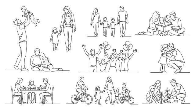 A collection of simple line drawings illustrates various family activities and bonding moments, depicting parents and children engaging in play, reading. CAD Blocks Icon Sheet Vector