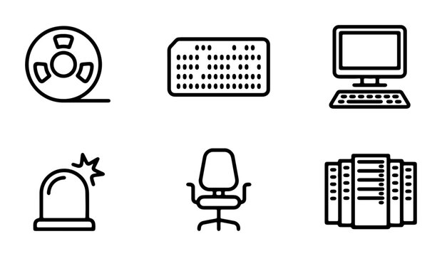 Retro Technology Icons: Reel, Keyboard, Computer, Alarm, Chair, Server Farm