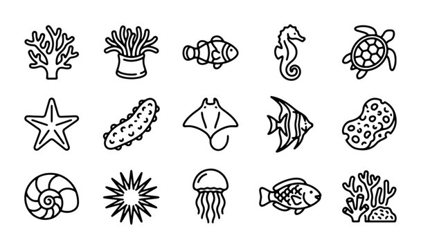 Ocean Life Icons: Sea Creatures, Coral, and Marine Animals Vector Set