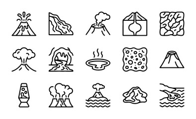 Fototapeta premium Volcano Icons Set, Geological Event Graphics, Earth Science Vector Collection