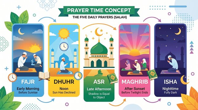 Infographic showing the five daily prayers of islam including fajr, dhuhr, asr, maghrib, and isha with mosque sun and moon cycles, and people praying on rugs in a flat style