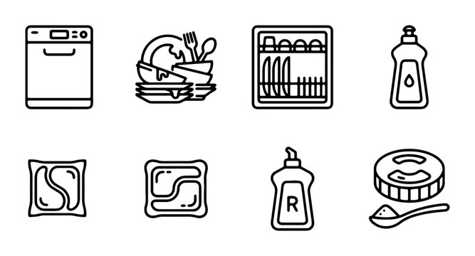 Dishwasher Icons Set: Appliance, Dirty Dishes, Clean Dishes, Detergent, Pods, Rinse Aid, Tablet
