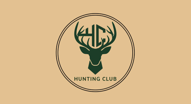 Deer Head Hunting Club Emblem Logo with Antlers Circular Badge on Beige Background
