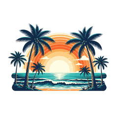 Obraz premium Tropical Beach Sunset with Palm Trees and Ocean Waves Retro Illustration Design