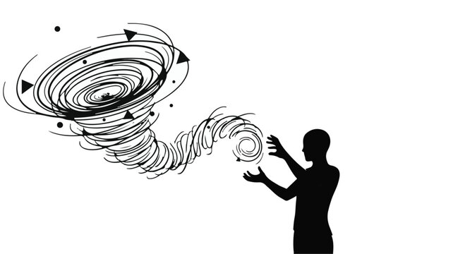 Silhouette of a person conjuring a swirling vortex of energy and wind