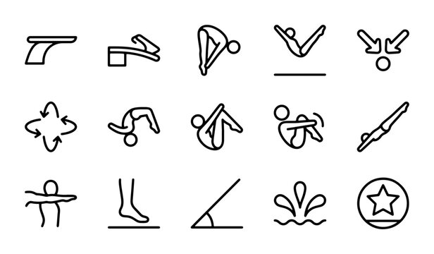 Diving Icons Set, Aquatic Sport Pictograms, Olympic Swimmer Action Symbols, Water Jump Graphics