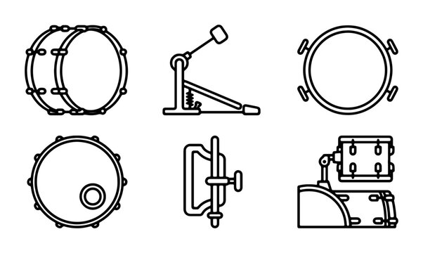 Drum Kit Elements Vector Icons: Bass Drum, Snare, Pedal, Hi-Hat Stand, Percussion Set