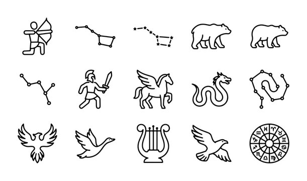Mythological Constellations & Creatures Vector Icons: Zodiac, Pegasus, Phoenix, Lyre