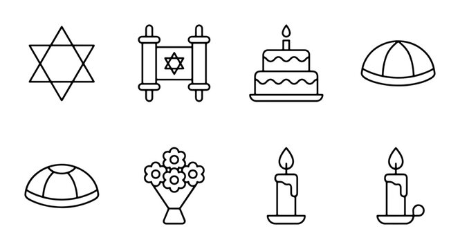 Jewish Holiday Icons: Star of David, Torah Scroll, Birthday Cake, Kippah, Bouquet, Candles