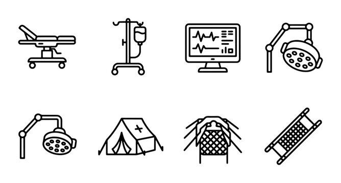Medical Equipment Icons: Hospital Bed, IV Stand, Monitor, Surgical Lights, Tents, Stretcher
