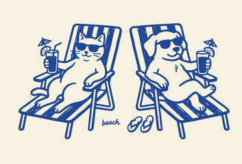 Cat and dog relaxing on beach chairs with sunglasses and drinks Vector © Jrdesign0