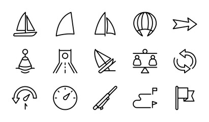 Sailing and Navigation Icons: Windsurf, Compass, Buoy, Flag, Hot Air Balloon, Arrows, Vector Set © Sourov