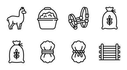 Farm Animal Icons Set: Llama, Feed Bucket, Halter, Grain Bags, Hay Bales, Fence © MstMithila