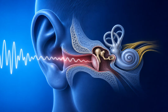 ​An artistic, cross-sectional medical illustration of a human ear showing sound waves entering the ear canal, hitting the eardrum, and traveling through the middle and inner ear structures.