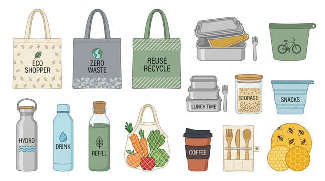 Eco friendly reusable shopping bags lunch boxes water bottles and snack containers for sustainable living