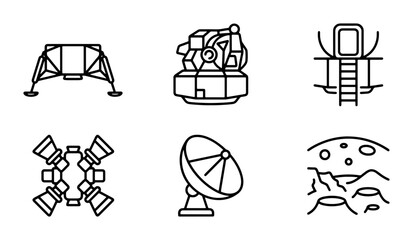 Space Exploration Icons: Lunar Lander, Satellite, Rocket, Moon Surface, Astronomy Set © MstMithila