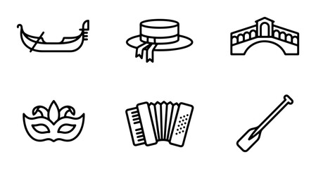 Venice Icons: Gondola, Bridge, Mask, Accordion, Oar, Hat Vector Set for Travel and Culture © Md