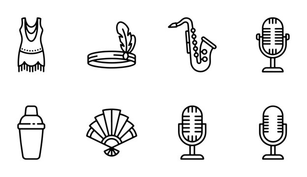 Retro Jazz Icons: Flapper Dress, Saxophone, Microphone, Fan, Cocktail Shaker, Headband