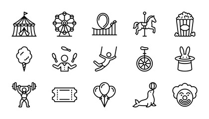 Circus Icons Set: Carnival, Fairground, Amusement Park Vector Graphics, Entertainment Collection © Md