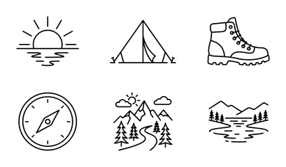 Obraz premium Outdoor Adventure Icons: Sun, Tent, Boot, Compass, Mountains, Lake, Vector Set