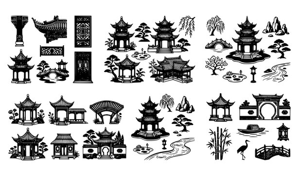 Traditional Chinese Pagoda and Asian Architecture Silhouette Icon Set Featuring Oriental Temples, Pavilions, Bridges, Bonsai Trees, and Garden Landscape Design Elements