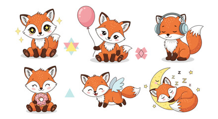 Obraz premium Cute cartoon fox set with various poses and accessories