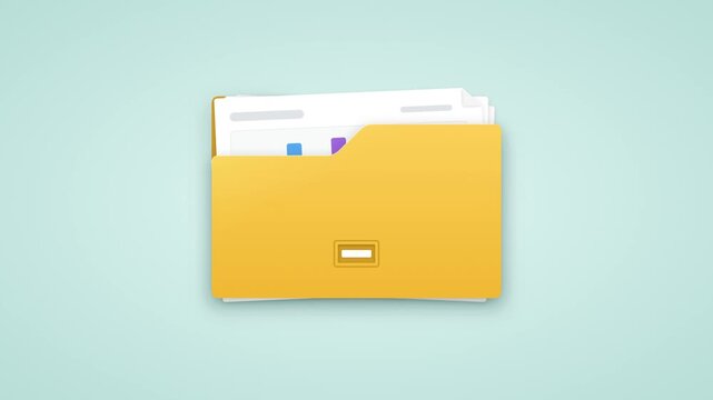 Yellow office folder opening and closing to show financial data bar chart document on pastel background
