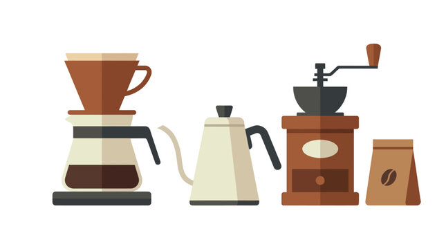 Pour Over Coffee Maker, Kettle, Grinder, and Beans - Flat Design Illustration