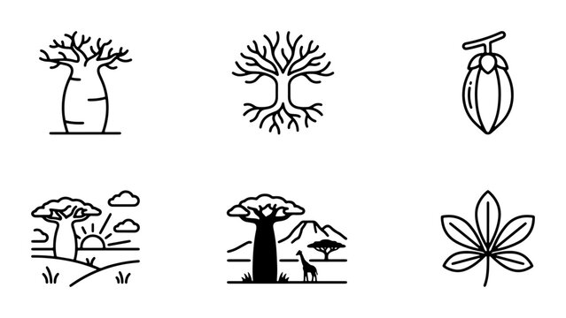 African Baobab Tree Icons, Nature Landscape Graphics, Botanical Leaf Vector Set