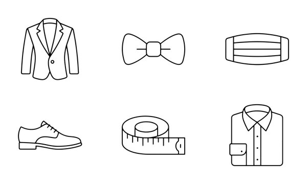 Formal Wear Icons: Suit Jacket, Bow Tie, Cummerbund, Oxford Shoe, Measuring Tape, Shirt