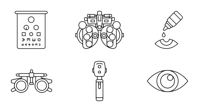 Ophthalmology Icons Set, Eye Care Equipment, Vision Test Chart, Optometry Tools Vector
