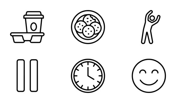 Daily Routine Icons: Coffee, Food, Exercise, Break, Time, Happiness - Vector Set