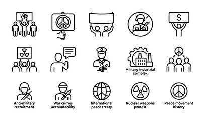 Fototapeta premium Peace and Anti-War Icons: Protest, Military, Nuclear, and Diplomacy Symbols Set