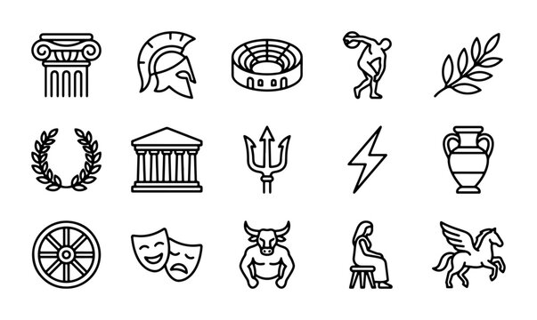 Ancient Greek Icons Set: Mythology, History, Architecture, Culture Vector Graphics