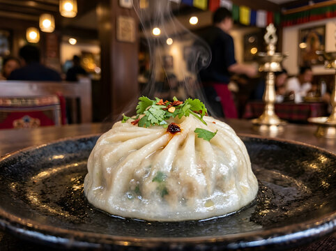 Steaming Large Jombo Momo Dumpling on Plate in Restaurant