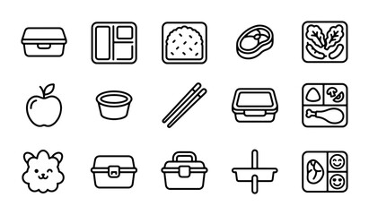 Fototapeta premium Bento Box Icons, Lunchbox Vector Set, Food Containers, Chopsticks, Apple, Cute Animal Character
