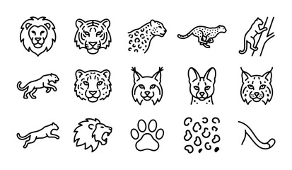 Wild Cat Icons Set: Lion, Tiger, Leopard, Cheetah, Lynx, Jaguar, Puma, Panther, Paw Print, Spots © Rohan