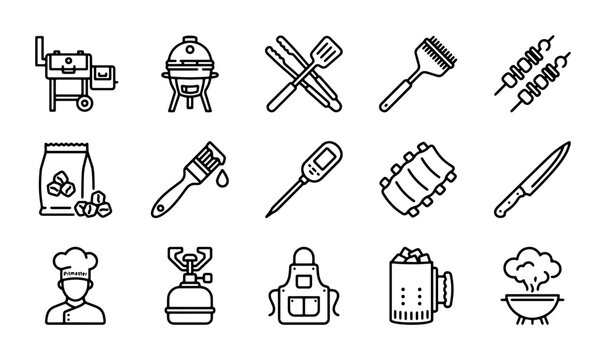 Barbecue Grill Icons Set, BBQ Tools Vector Collection, Grilling Equipment Line Art Graphics