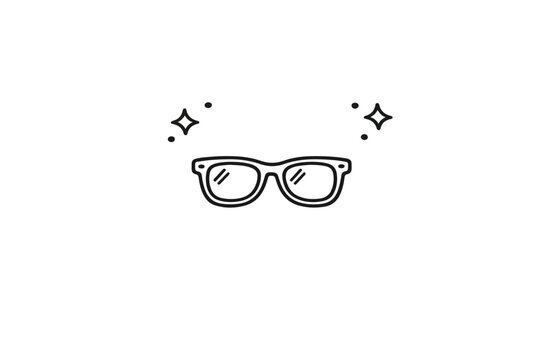 Minimalist eyeglasses line icon with sparkles, modern eyewear vector illustration, stylish optical frame symbol for vision and fashion