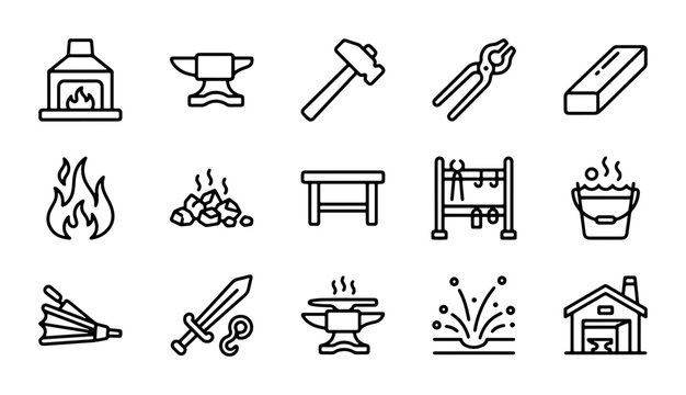Blacksmithing Icons Set, Forge Tools, Metalworking Equipment, Craftsmanship Vector Graphics