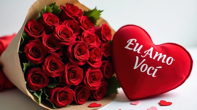 Beautiful bouquet of red roses with a heart shaped card saying Eu Amo Voce for Valentines Day