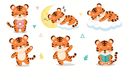 Fototapeta premium Cute Little Tiger Character Set Posing in Various Activities