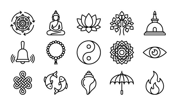 Buddhist Symbols Vector Icons, Spiritual Icons, Meditation & Enlightenment Icons, Zen & Harmony Icons