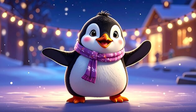 A cartoon penguin wearing a scarf stands on ice with a snowy village background