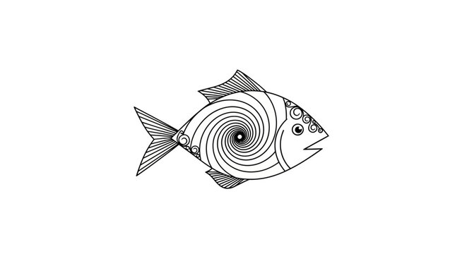 Whimsical Line Art Fish with Swirl Pattern on White Background