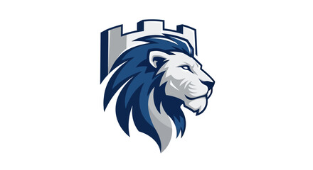 Majestic Lion Head Emblem with Castle Turret, Symbol of Strength and Protection © jack