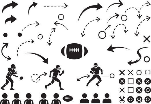 American football strategy illustration with players arrows and playbook symbols