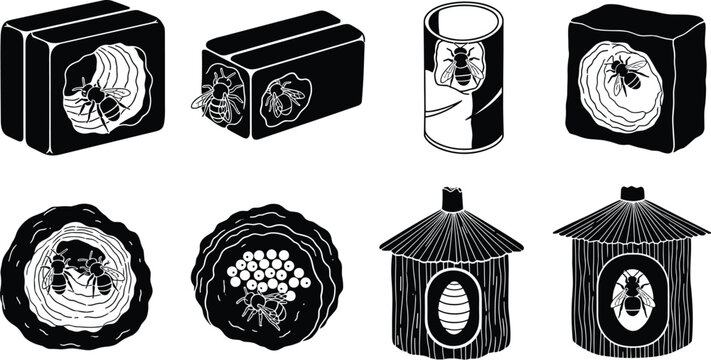 Stingless Bee Nest and Hive Box Silhouette Vector Icon Set Featuring Meliponiculture Elements, Brood Cells, and Solitary Bee Hotels for Ecology Designs